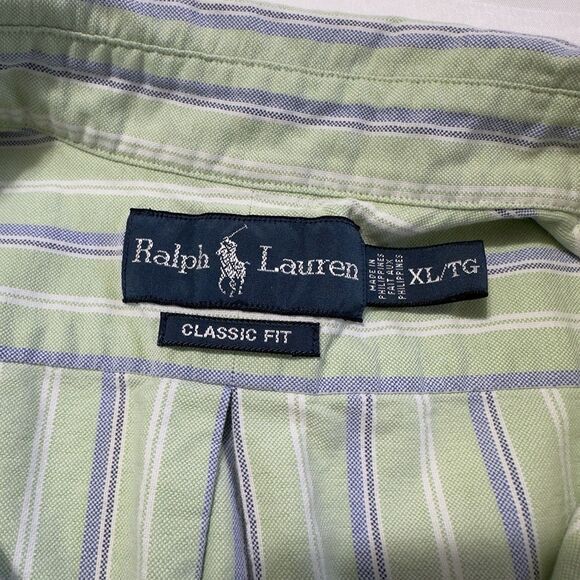 Ralph Lauren Button UpShirt Mens XL Classic Fit Short Sleeve Green Blue Striped - Picture 6 of 6